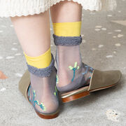 Embroidered flower semi-sheer grey socks